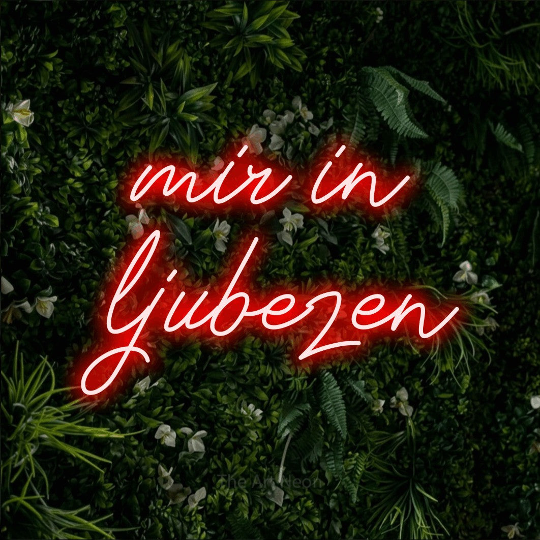 LED neon sign reading “mir in ljubezen”, arranged in two lines.