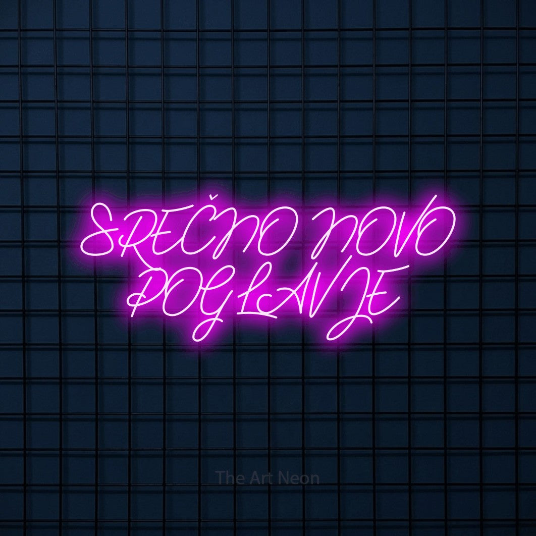 LED neon sign reading “SREČNO NOVO POGLAVJE”, arranged in two lines.