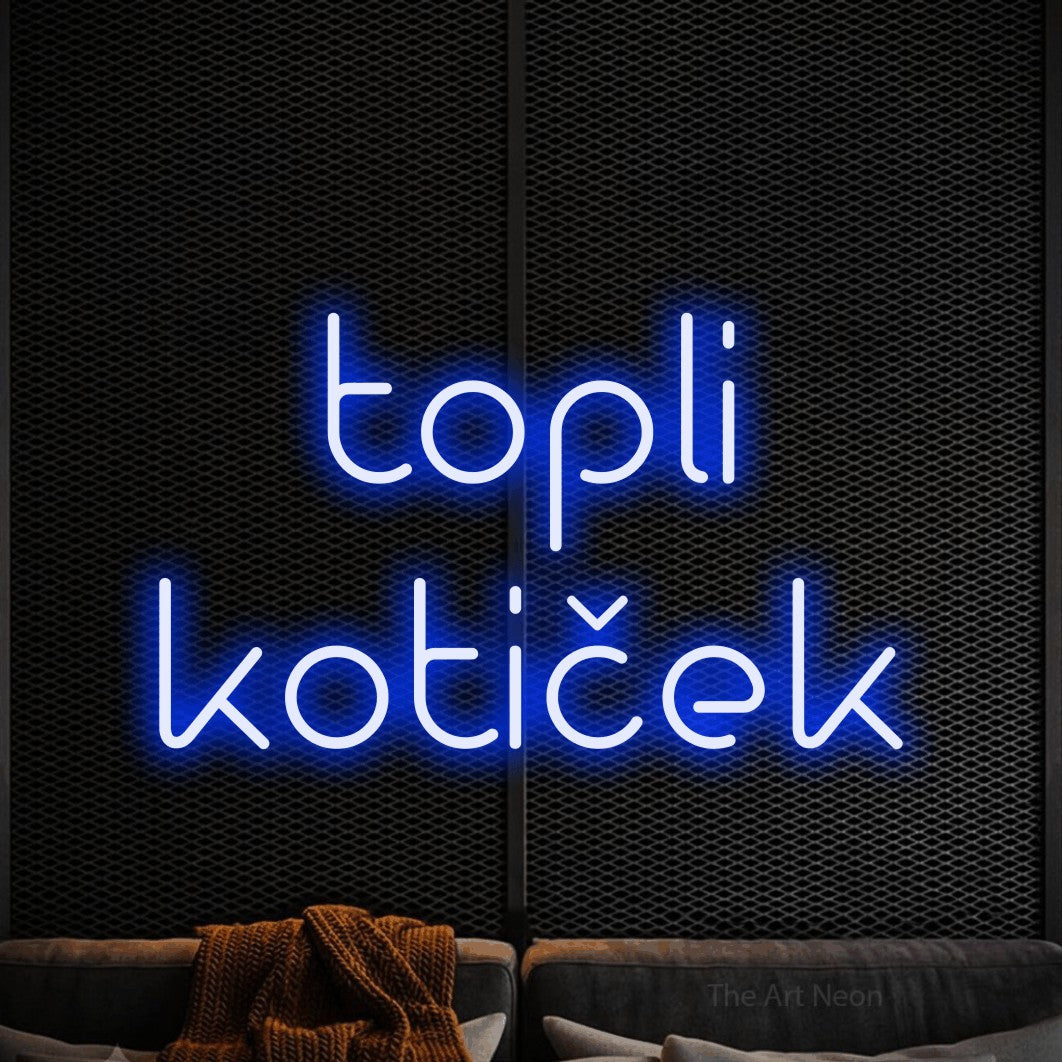 LED neon sign reading “topli kotiček”, arranged in two lines.