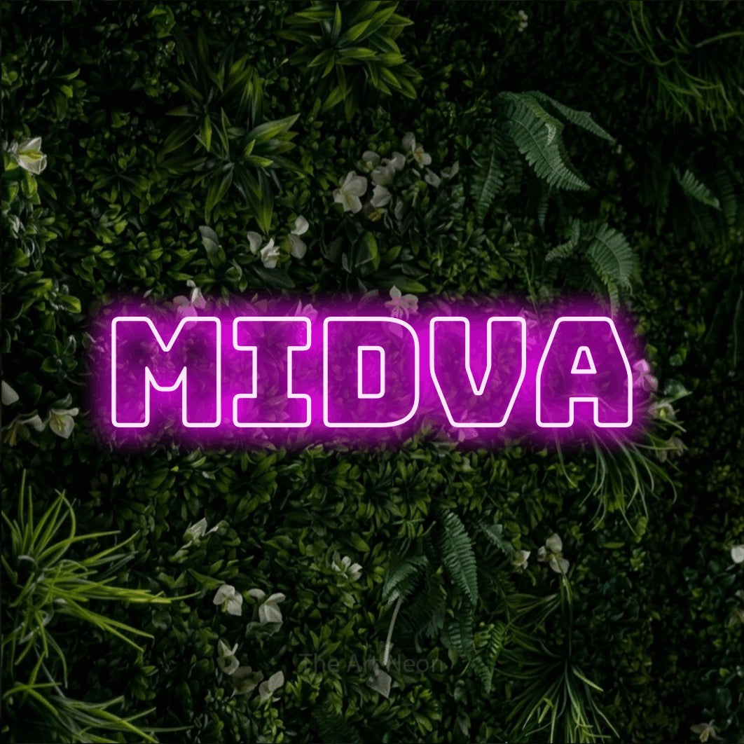 LED neon sign reading “Midva”, arranged in a single line.