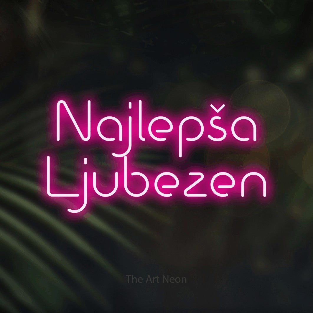 LED neon sign reading “Najlepša Ljubezen”, arranged in two lines.