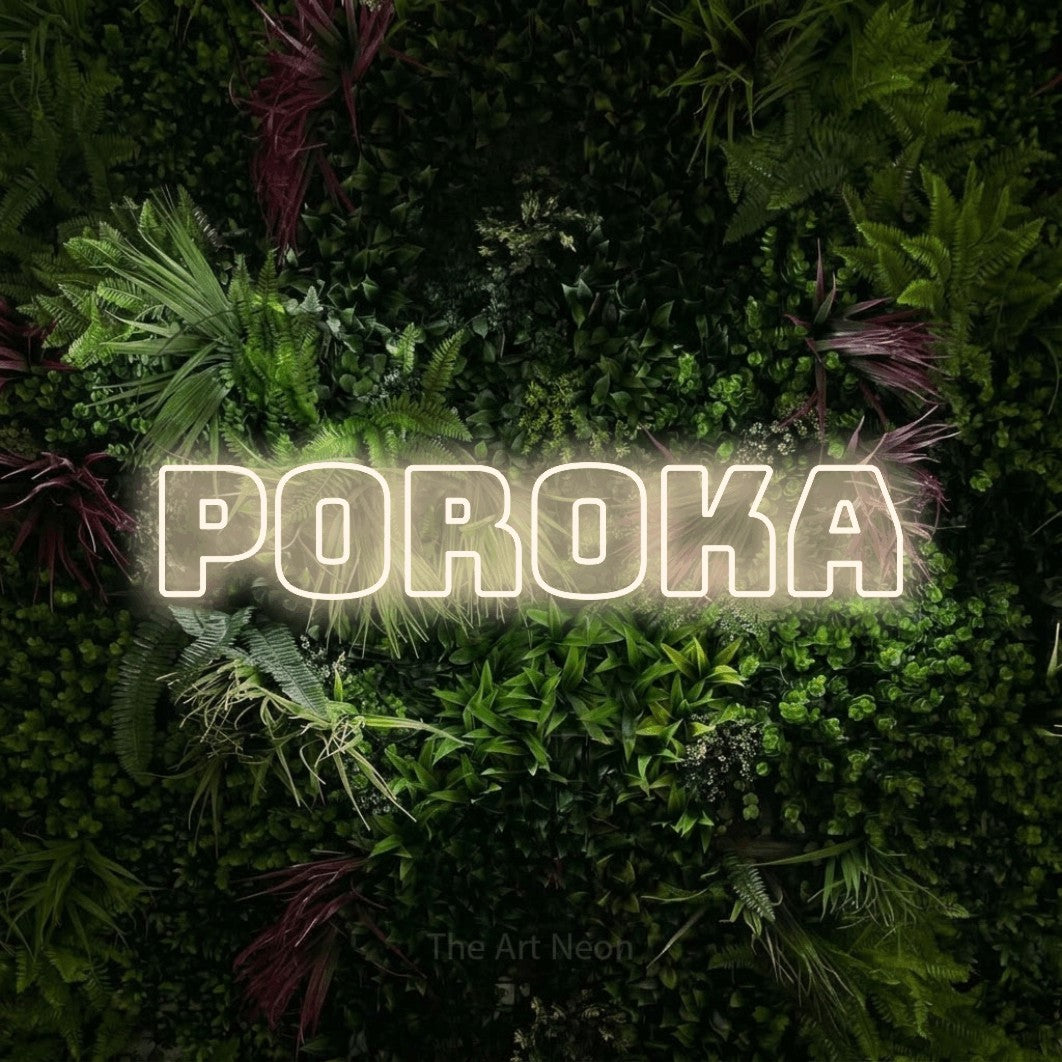 LED neon sign reading “poroka”, arranged in a single line.