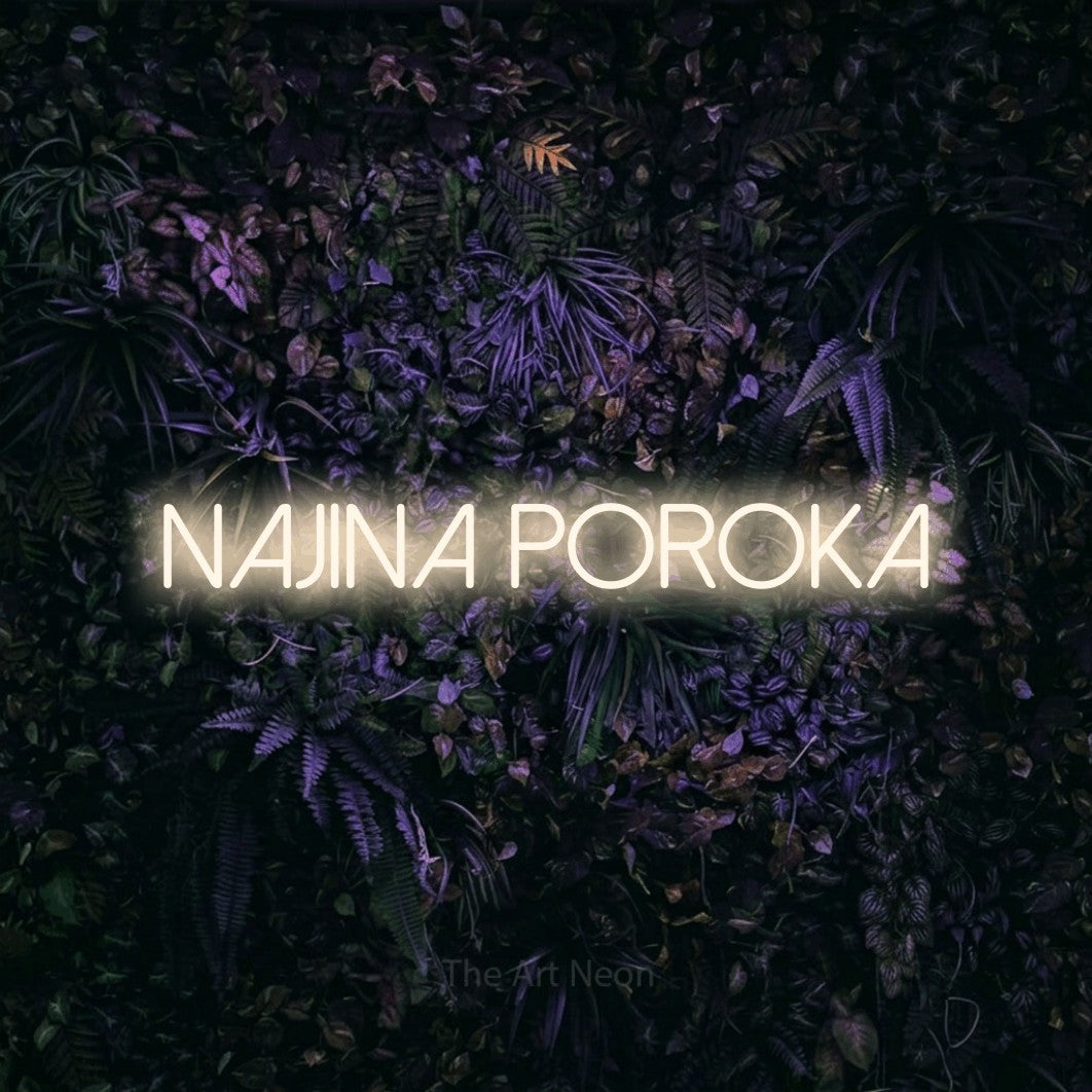 LED neon sign reading “Najina Poroka”, arranged in a single line.