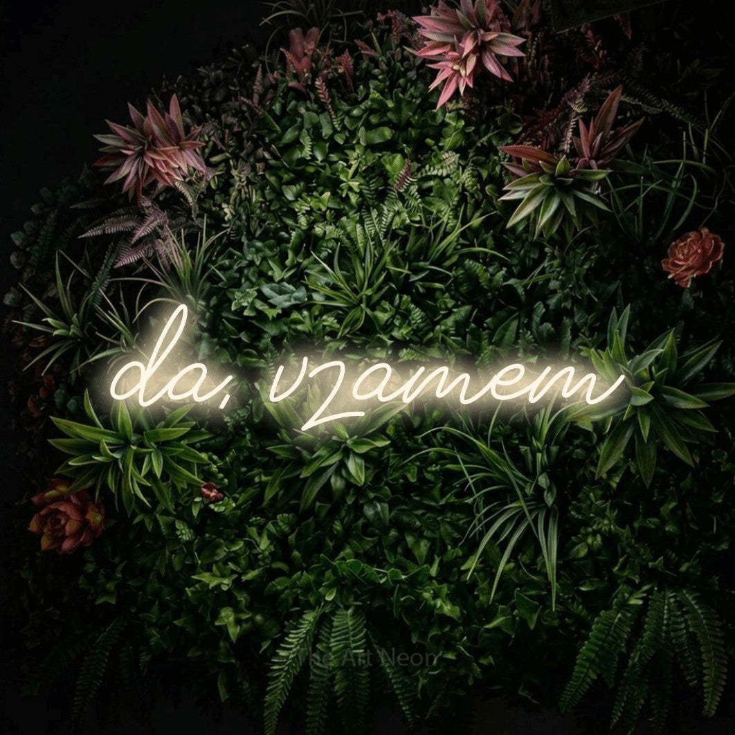 LED neon sign reading “da, vzamem”, arranged in a single line.