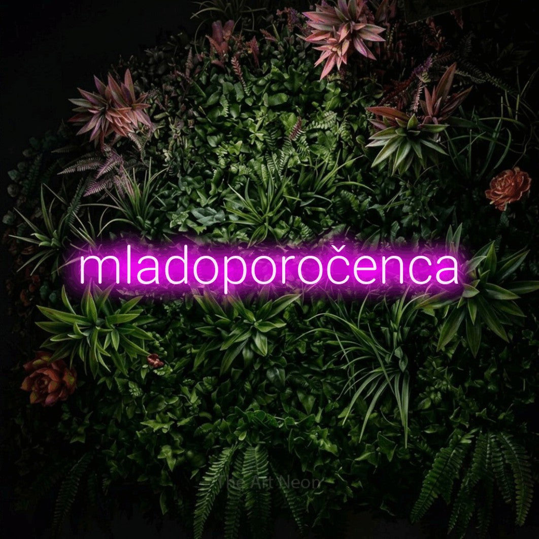 LED neon sign reading “mladoporočenca”, arranged in a single line.