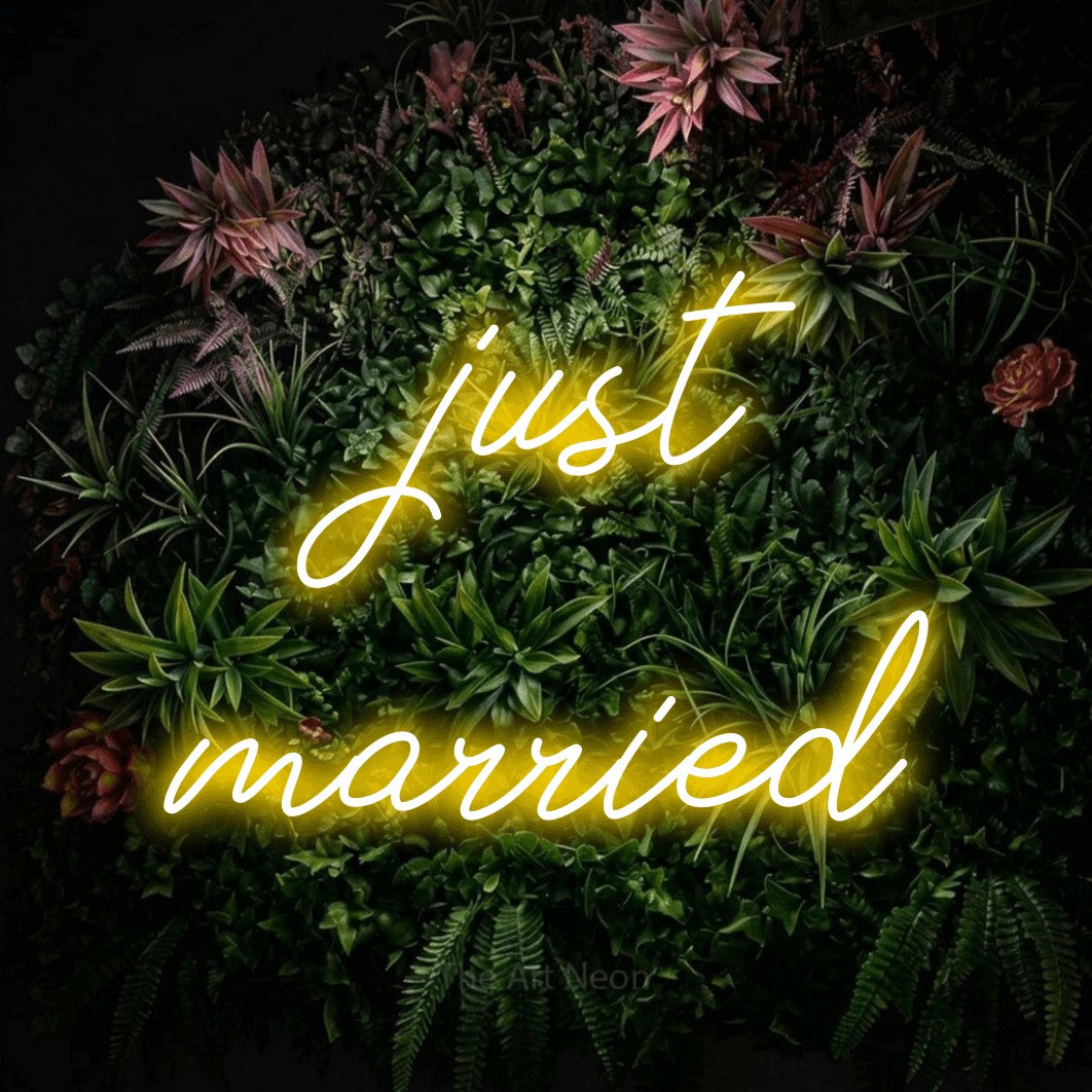 LED neon sign reading “just married”, arranged in two lines.
