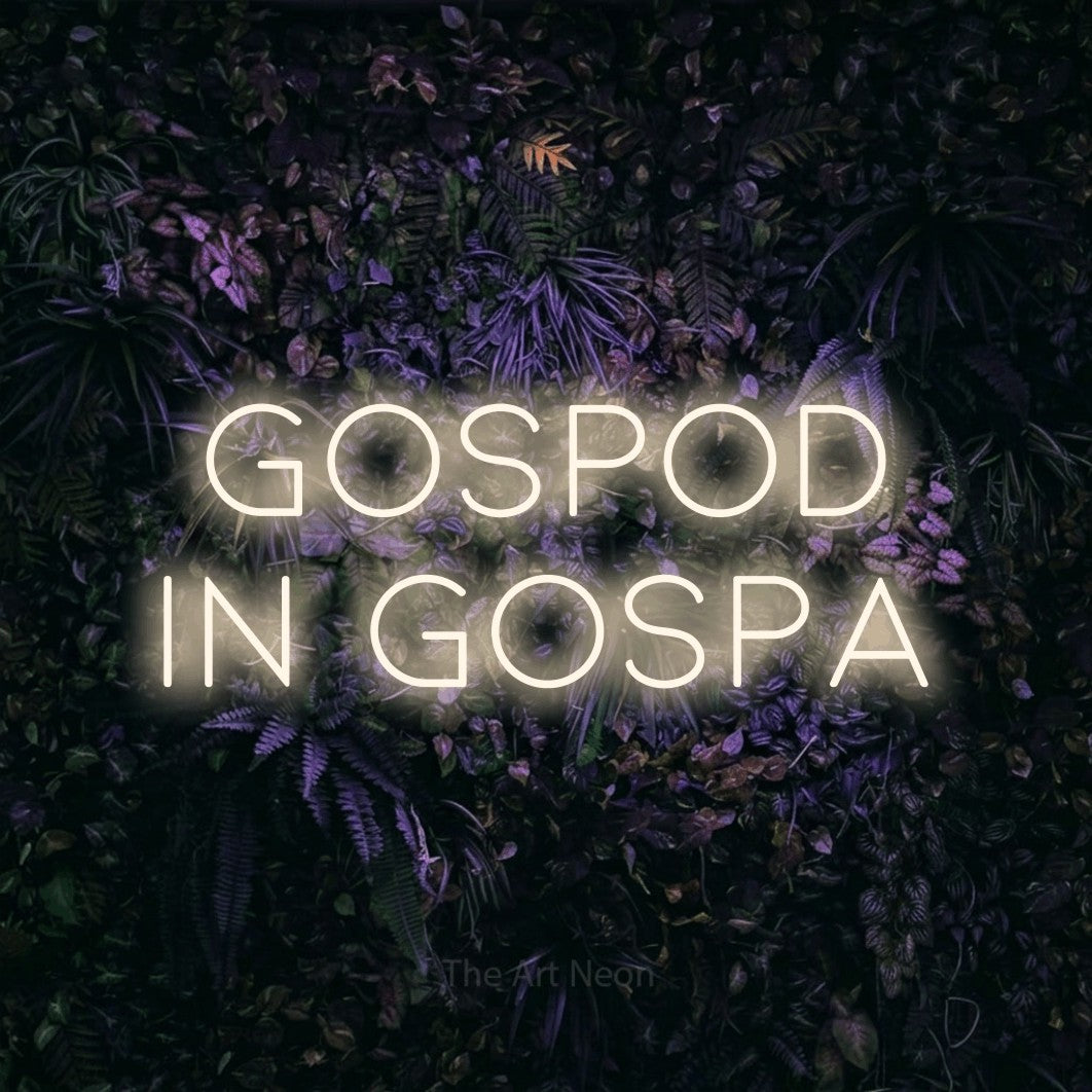 LED neon sign reading “GOSPOD IN GOSPA”, arranged in two lines.