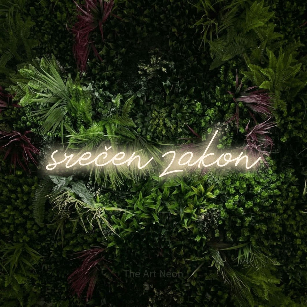 LED neon sign reading “srečen zakon”, arranged in a single line.