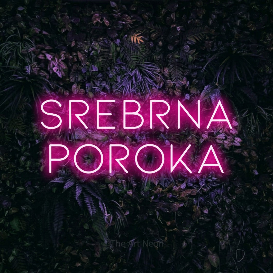 LED neon sign reading “SREBRNA Poroka”, arranged in two lines.