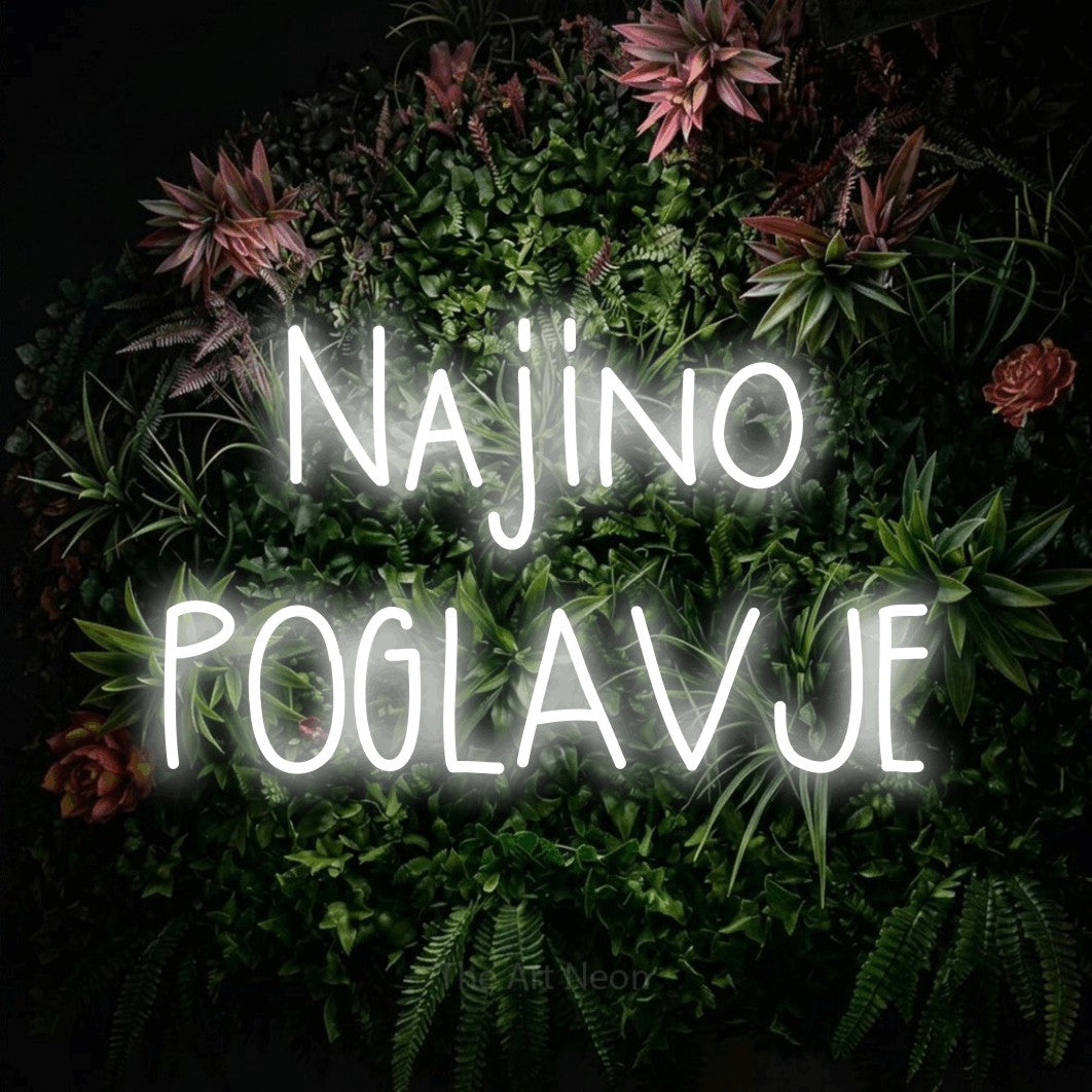 LED neon sign reading “Najino POGLAVJE”, arranged in two lines.