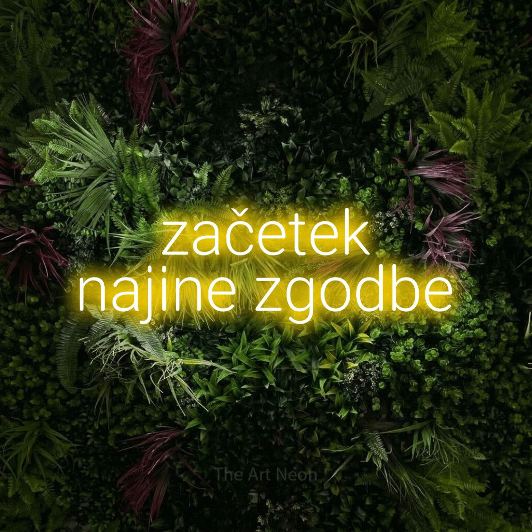 LED neon sign reading “začetek najine zgodbe”, arranged in two lines.