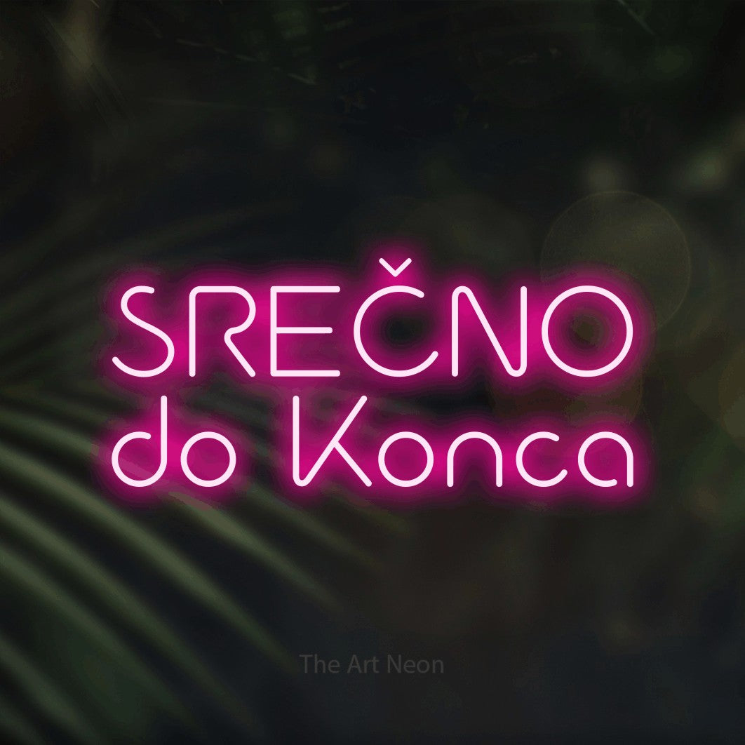 LED neon sign reading “SREČNO do Konca”, arranged in two lines.