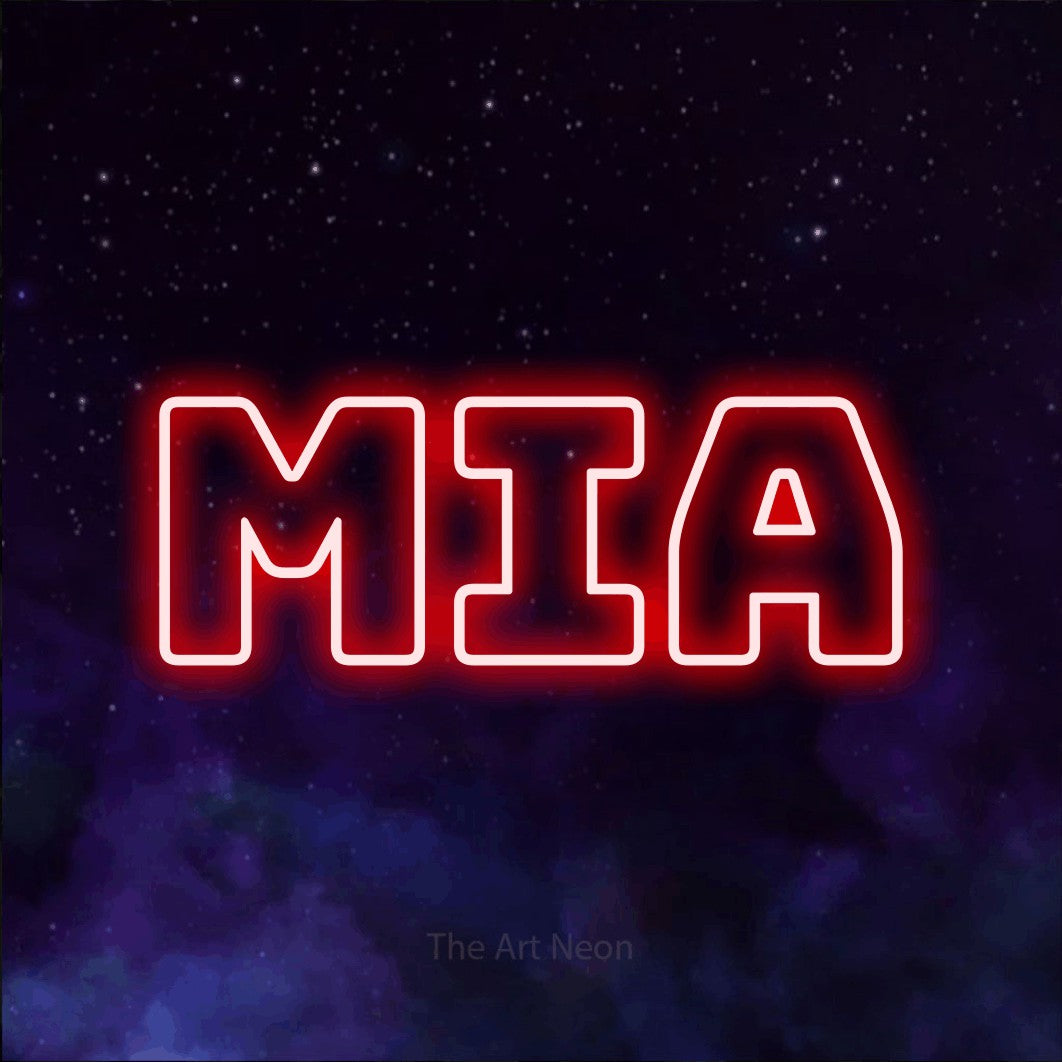 LED neon sign reading “Mia”, arranged in a single line.