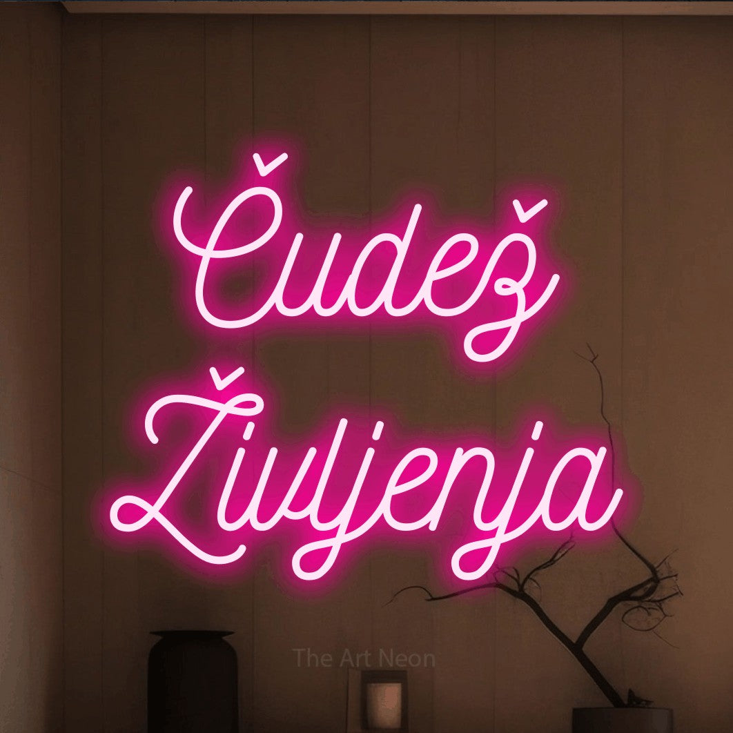 LED neon sign reading “Čudež Življenja”, arranged in two lines.
