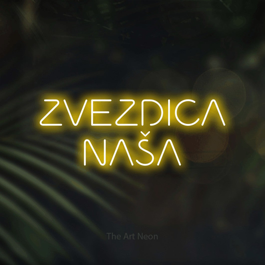 LED neon sign reading “ZVEZDICA NAŠA”, arranged in two lines.