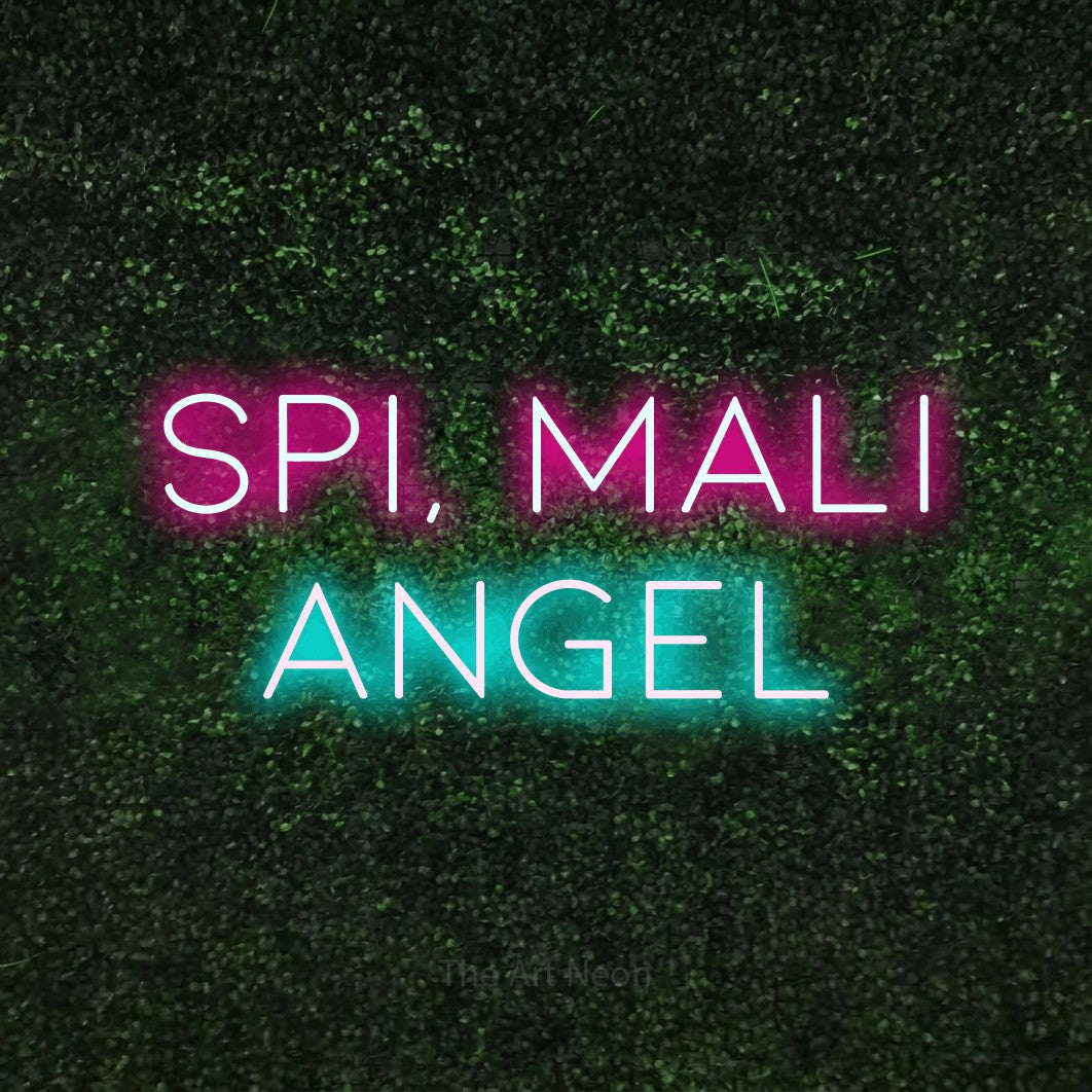 LED neon sign reading “Spi, Mali Angel”, arranged in two lines.