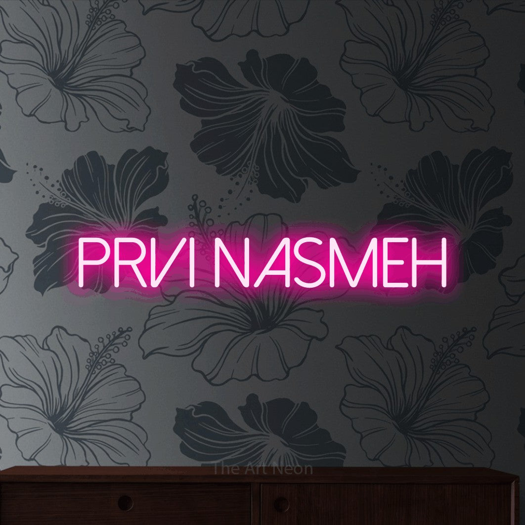 LED neon sign reading “Prvi Nasmeh”, arranged in a single line.
