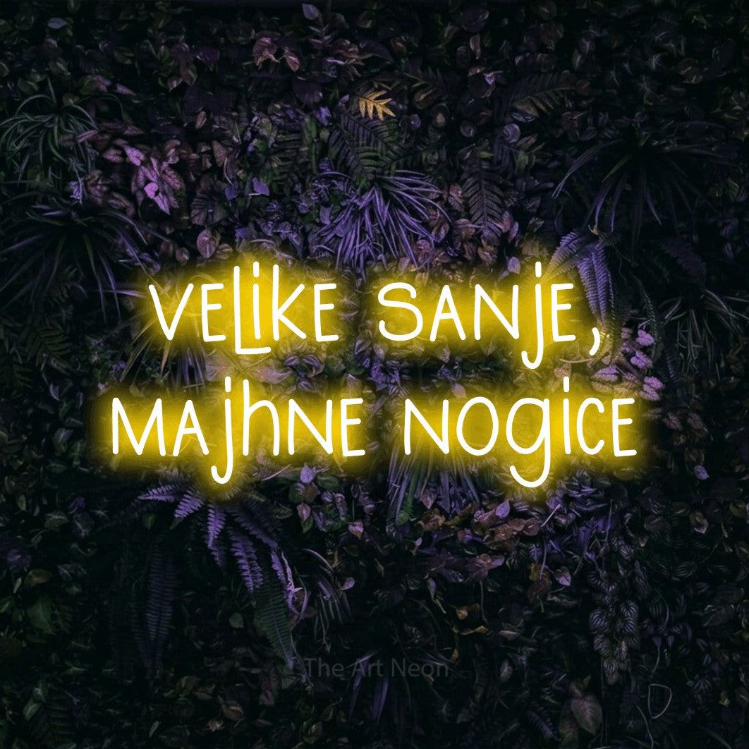 LED neon sign reading “velike sanje, majhne nogice”, arranged in two lines.