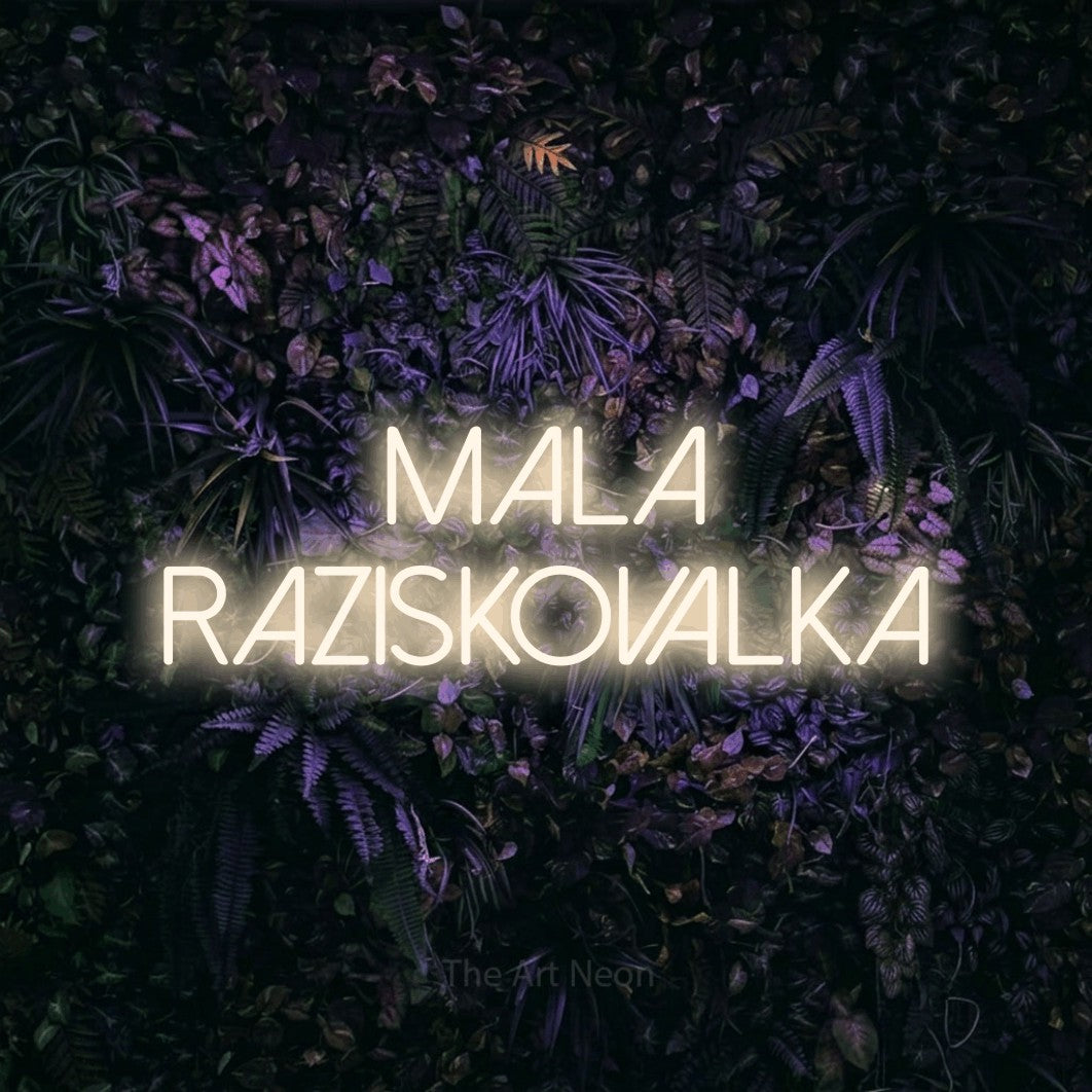LED neon sign reading “Mala Raziskovalka”, arranged in two lines.