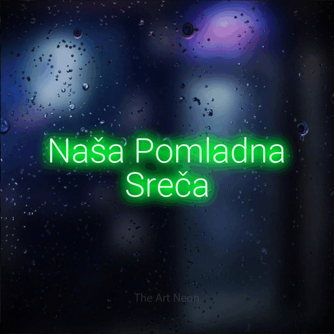 LED neon sign reading “Naša Pomladna Sreča”, arranged in two lines.