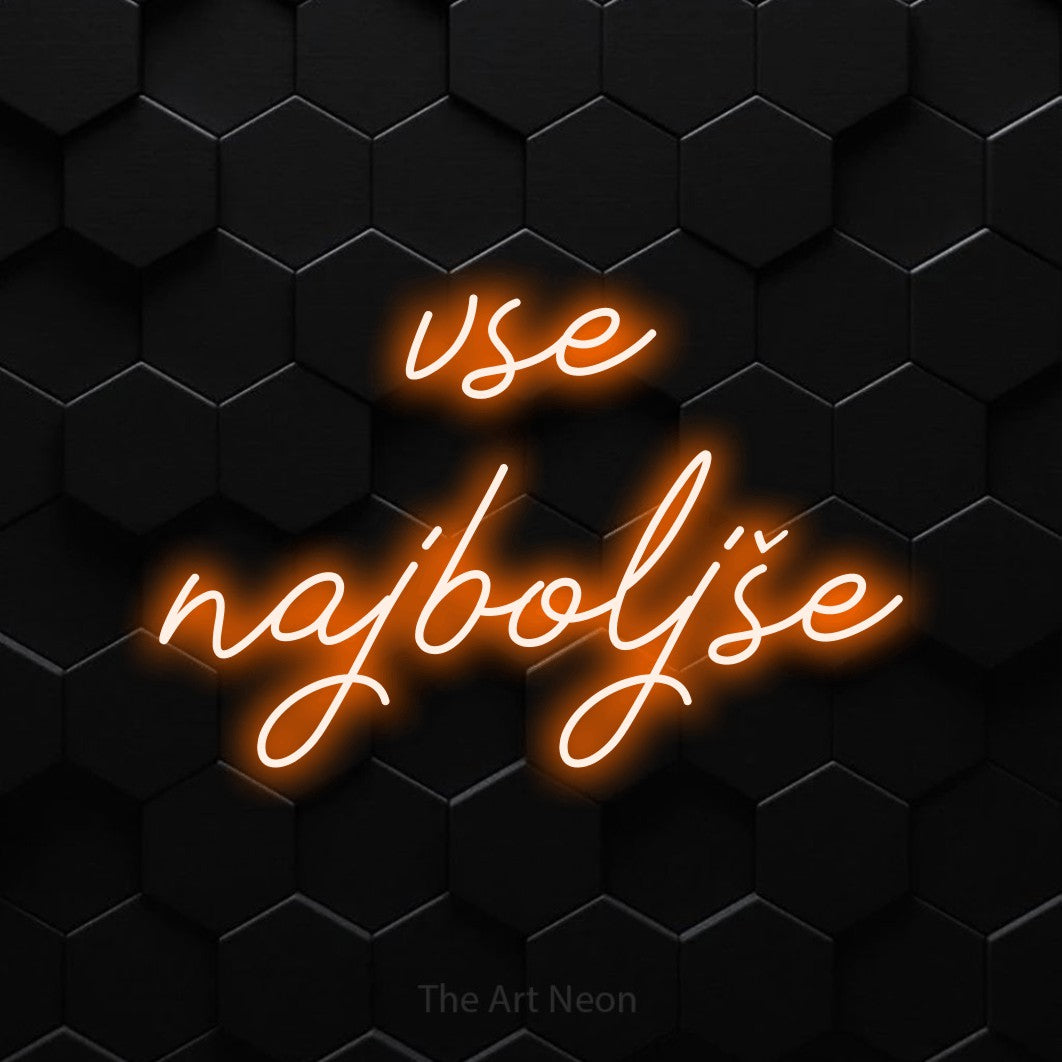 LED neon sign reading “vse najboljše”, arranged in two lines.