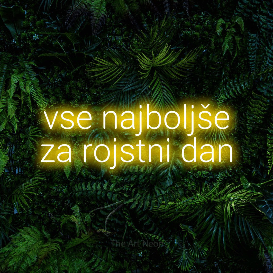 LED neon sign reading “vse najboljše za rojstni dan”, arranged in two lines.