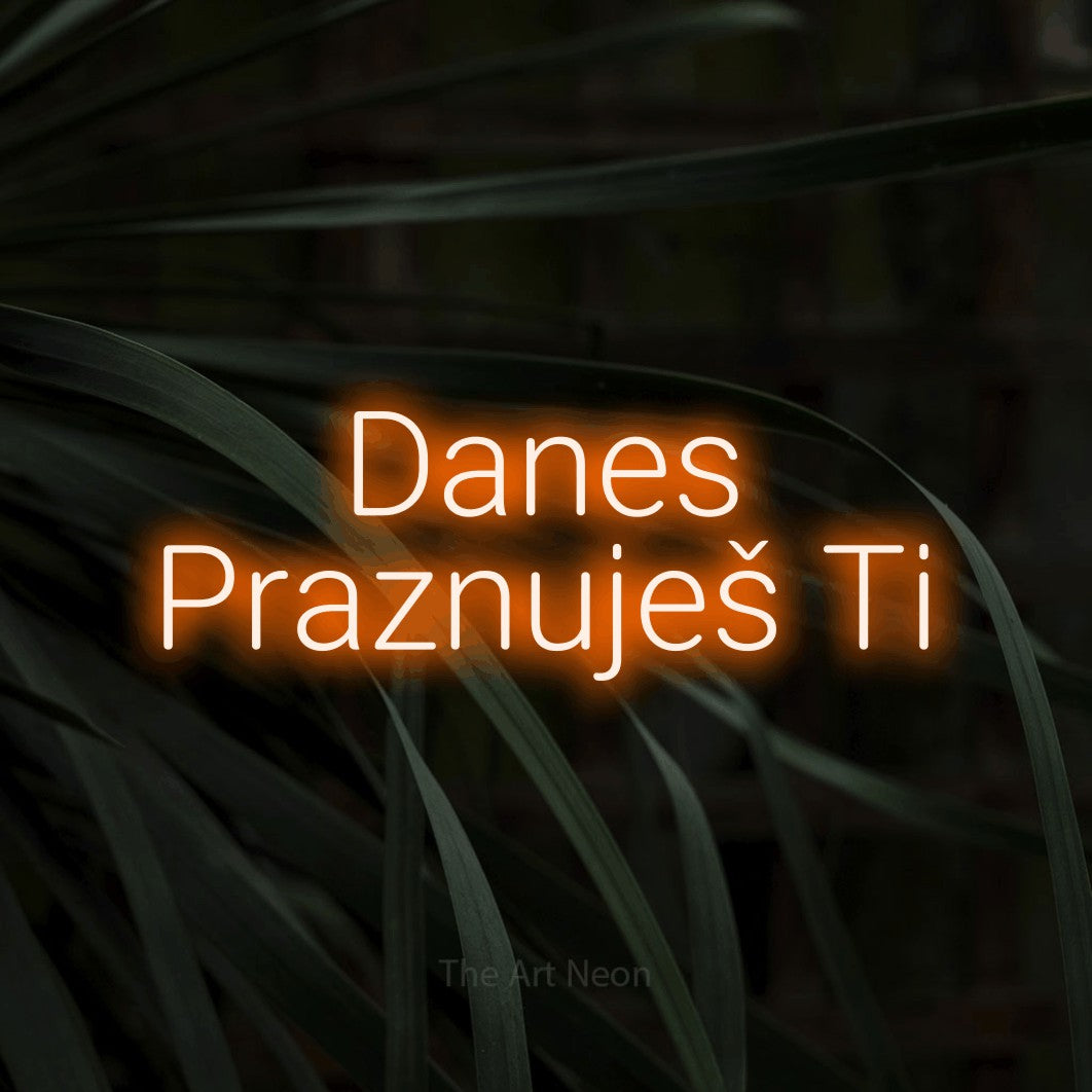 LED neon sign reading “Danes Praznuješ Ti”, arranged in two lines.