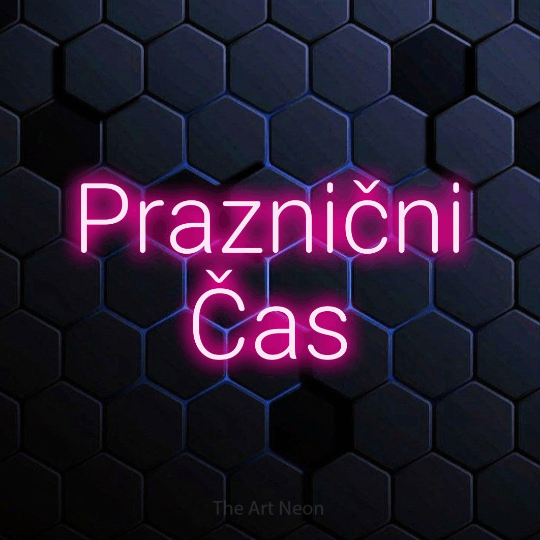 LED neon sign reading “Praznični Čas”, arranged in two lines.