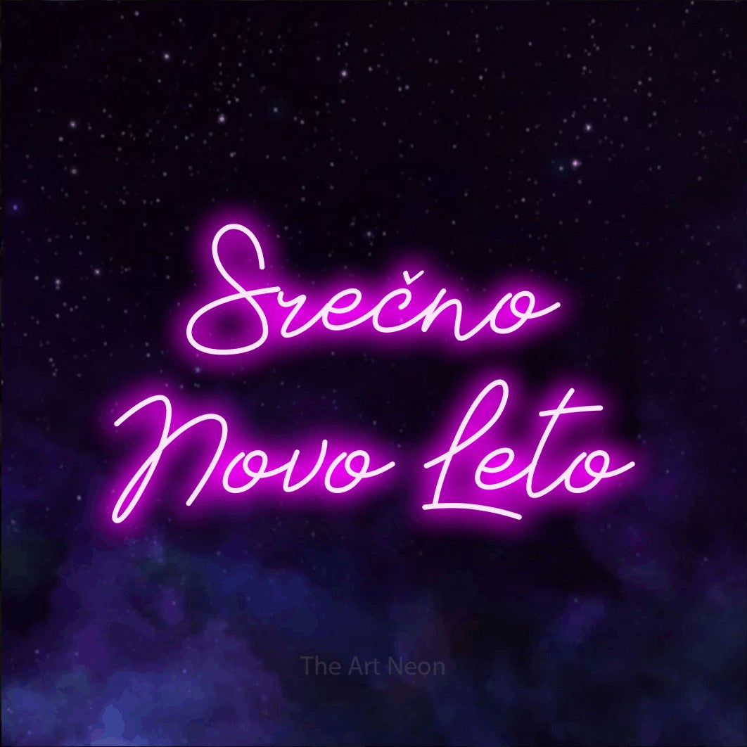 LED neon sign reading “Srečno Novo Leto”, arranged in two lines.
