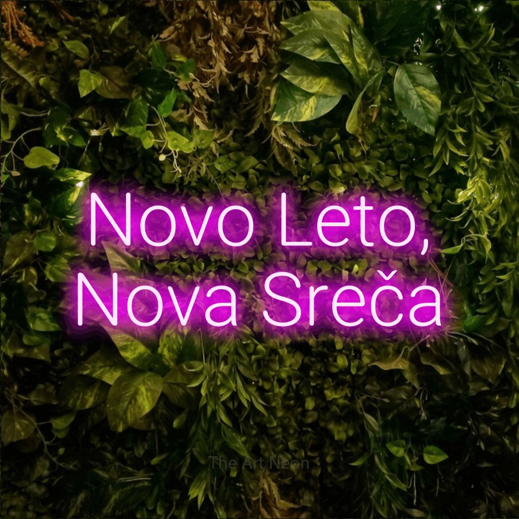 LED neon sign reading “Novo Leto, Nova Sreča”, arranged in two lines.