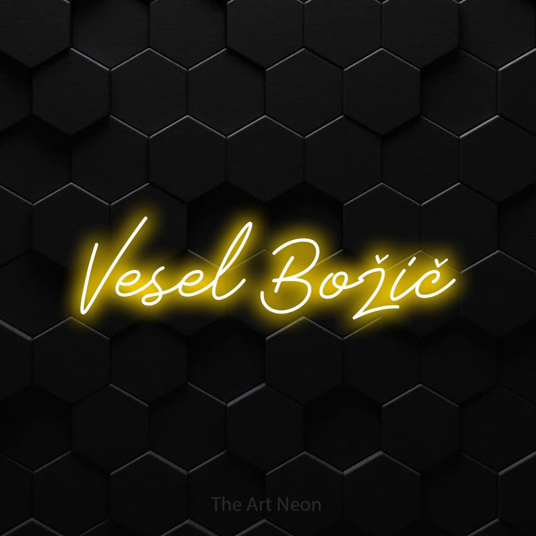 LED neon sign reading “Vesel Božič”, arranged in a single line.