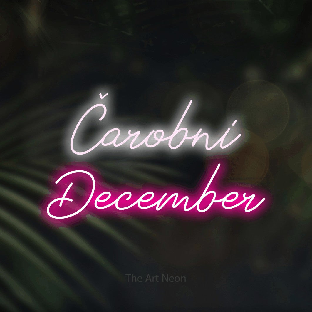 LED neon sign reading “Čarobni December”, arranged in two lines.