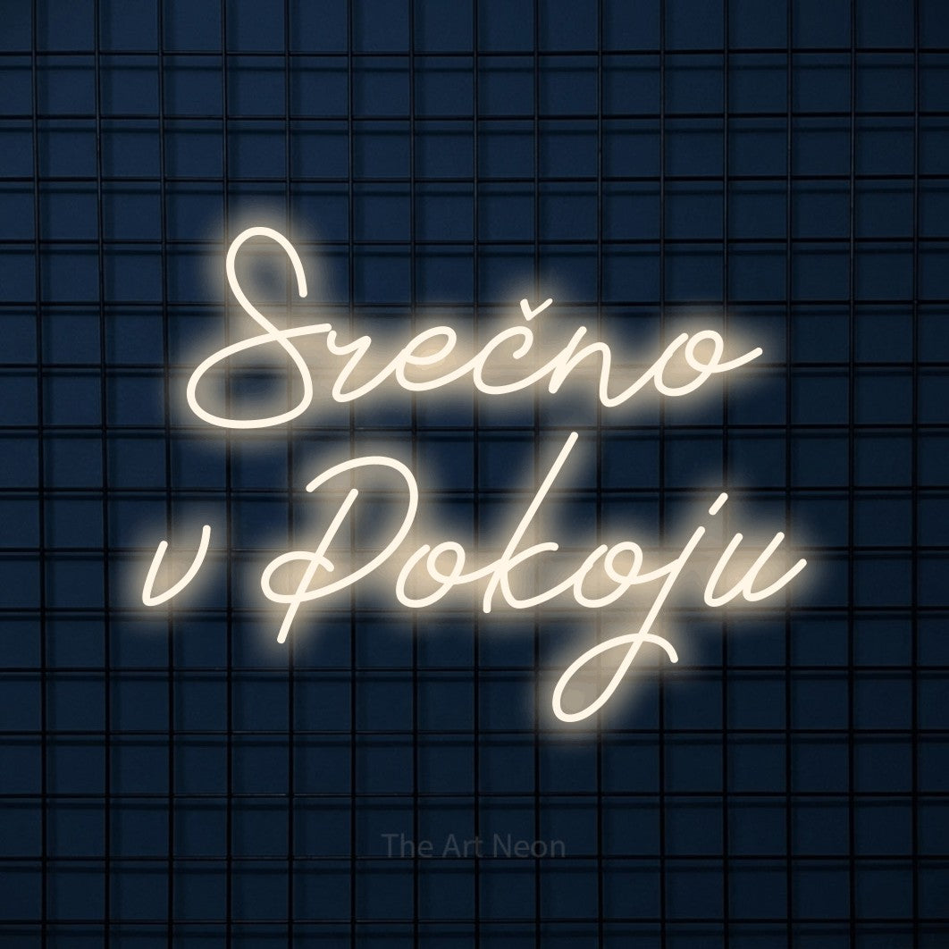 LED neon sign reading “Srečno v Pokoju”, arranged in two lines.