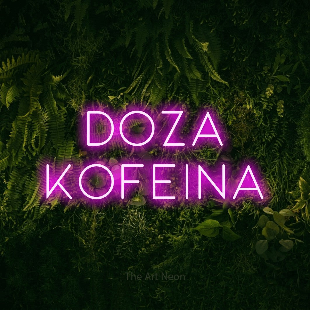 LED neon sign reading “DOZA KOFEINA”, arranged in two lines.