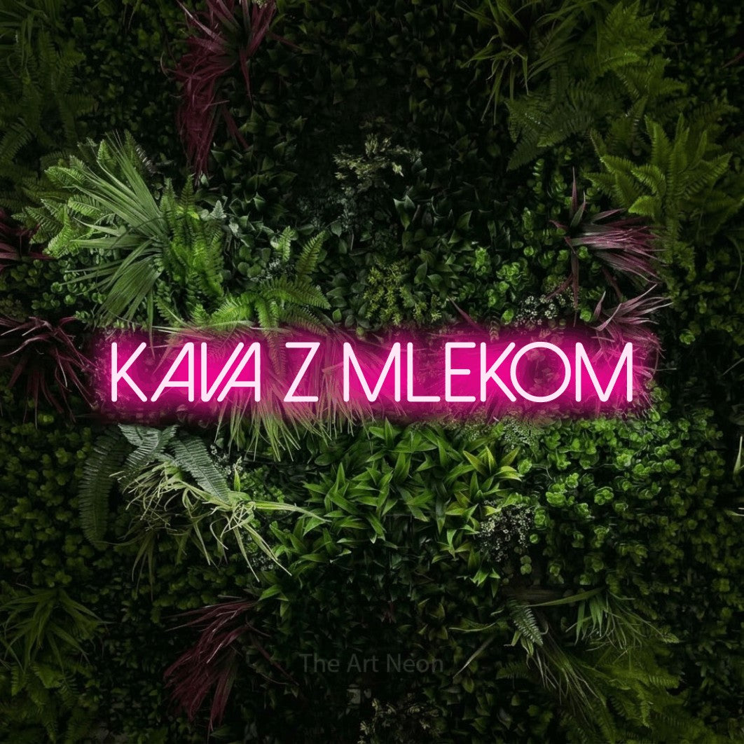 LED neon sign reading “Kava z Mlekom”, arranged in a single line.