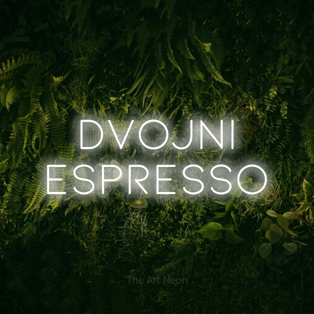 LED neon sign reading “DVOJNI ESPRESSO”, arranged in two lines.