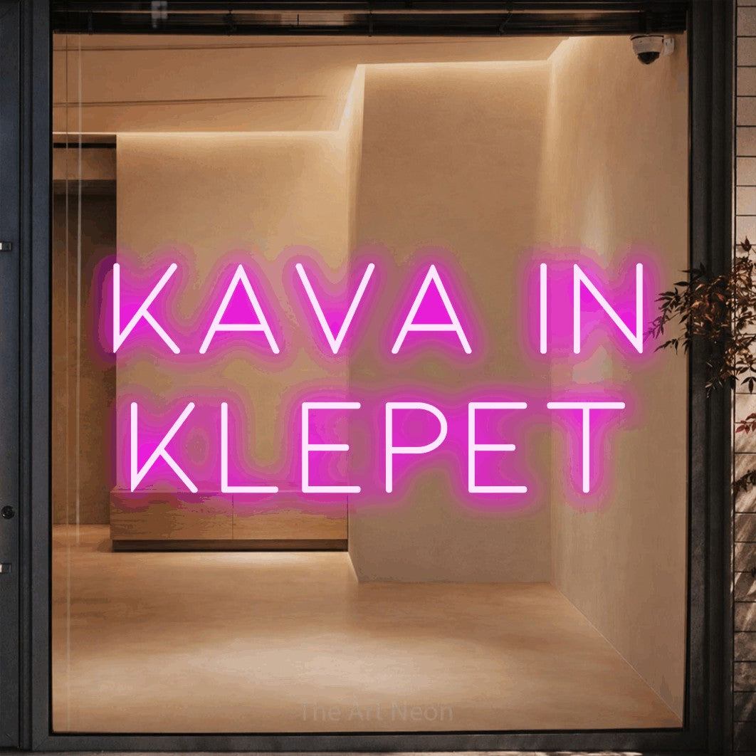 LED neon sign reading “Kava in Klepet”, arranged in two lines.