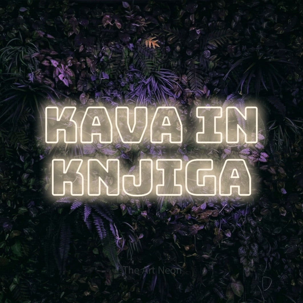 LED neon sign reading “KAVA IN KNJIGA”, arranged in two lines.