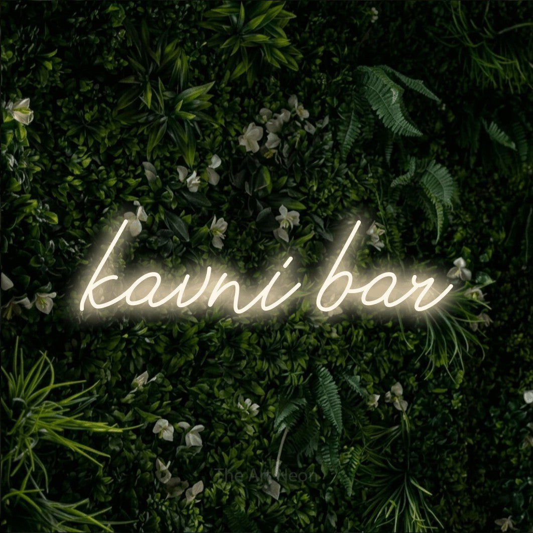 LED neon sign reading “kavni bar”, arranged in a single line.