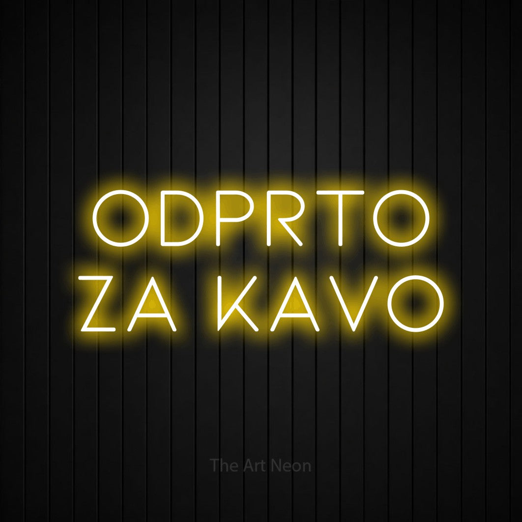 LED neon sign reading “Odprto za Kavo”, arranged in two lines.