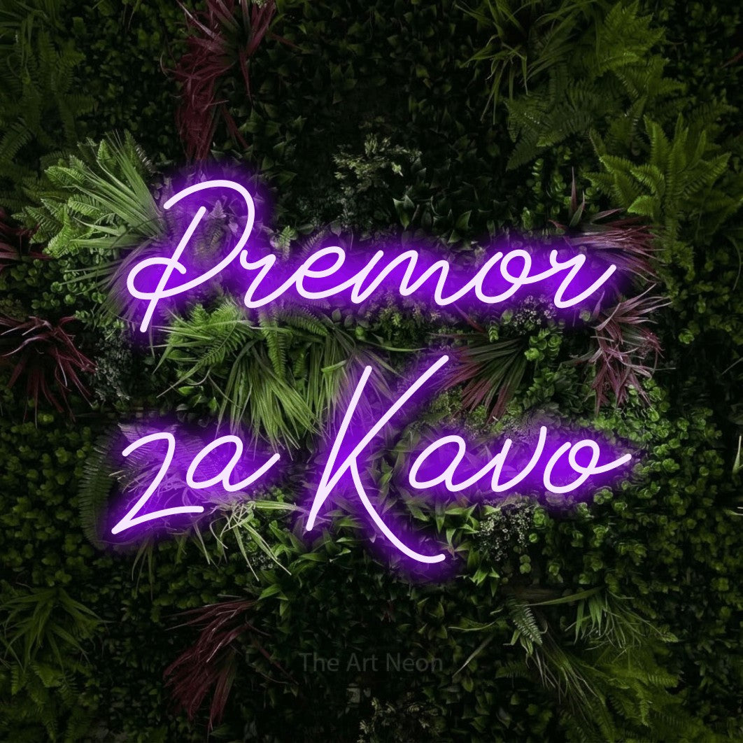 LED neon sign reading “Premor za Kavo”, arranged in two lines.