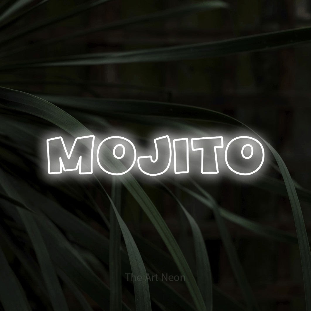 LED neon sign reading “Mojito”, arranged in a single line.