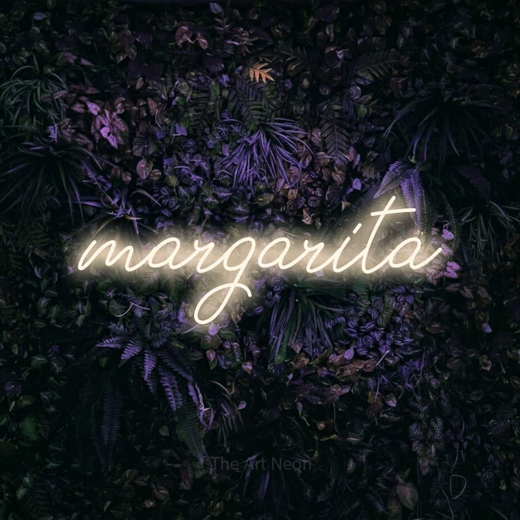 LED neon sign reading “margarita”, arranged in a single line.