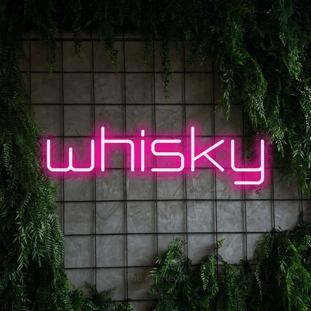 LED neon sign reading “whisky”, arranged in a single line.