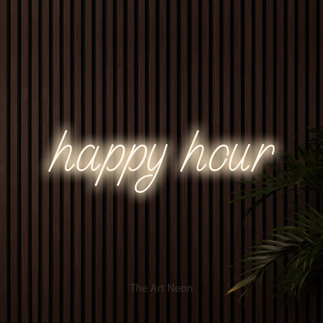 LED neon sign reading “happy hour”, arranged in a single line.