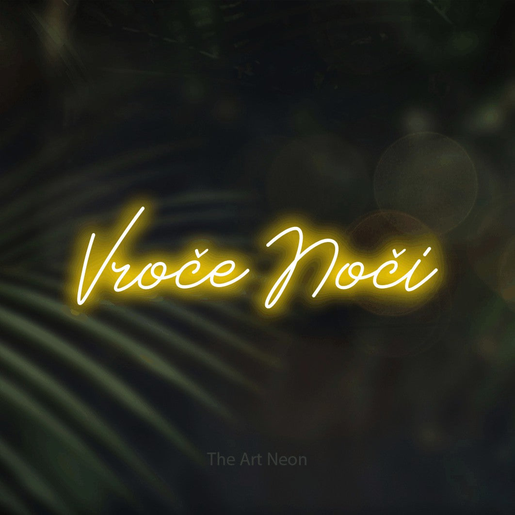LED neon sign reading “Vroče Noči”, arranged in a single line.