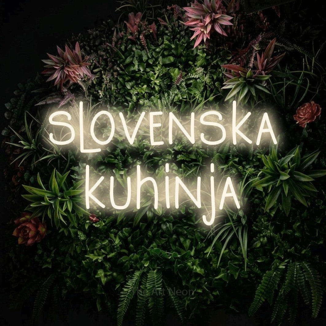 LED neon sign reading “slovenska kuhinja”, arranged in two lines.