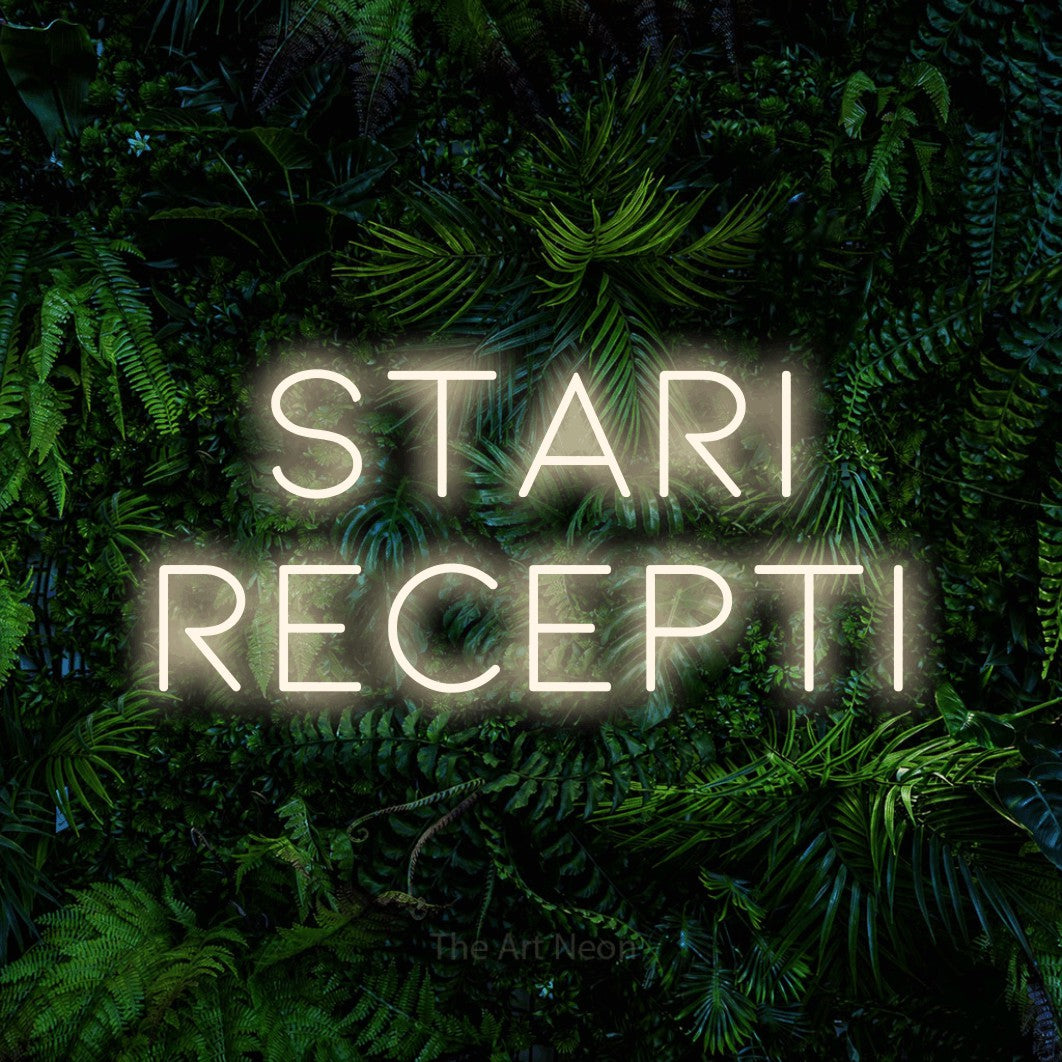 LED neon sign reading “Stari recepti”, arranged in two lines.