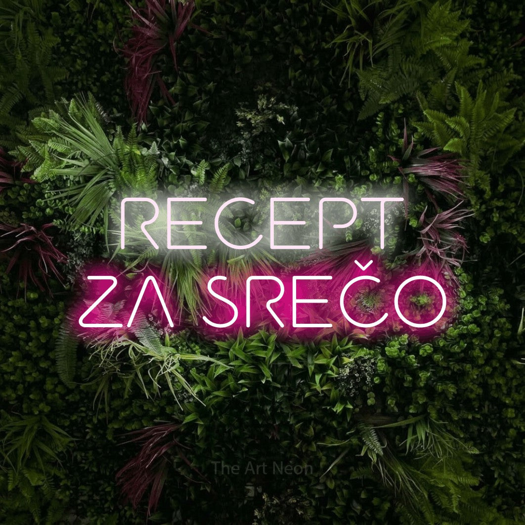 LED neon sign reading “RECEPT ZA SREČO”, arranged in two lines.