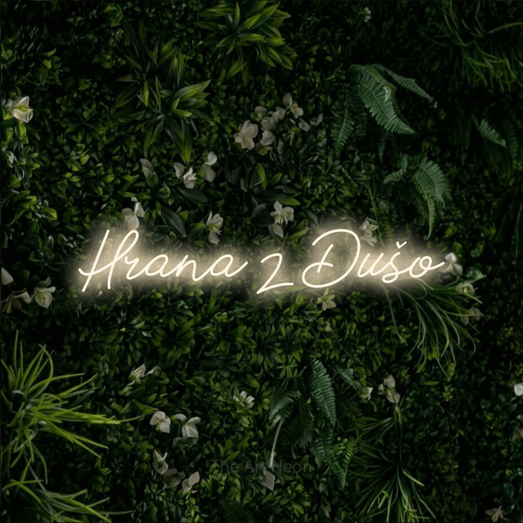 LED neon sign reading “Hrana z Dušo”, arranged in a single line.